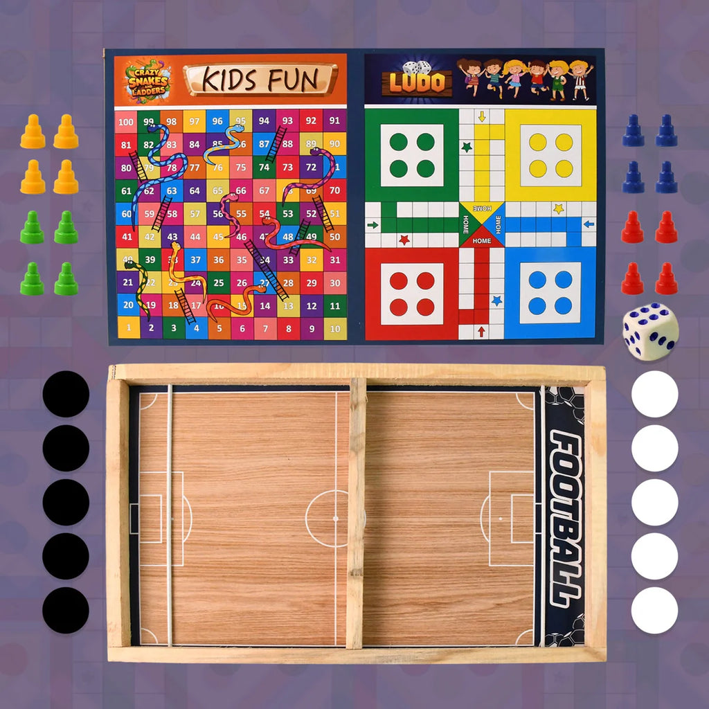 Wooden Board Game Set – Ludo, Snakes & Ladders, and Desktop Football