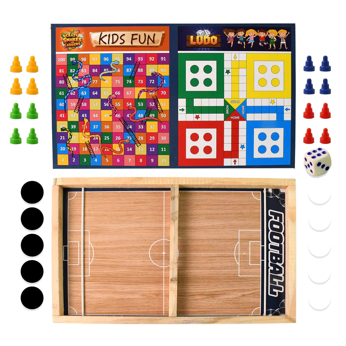 Wooden Board Game Set – Ludo, Snakes & Ladders, and Desktop Football