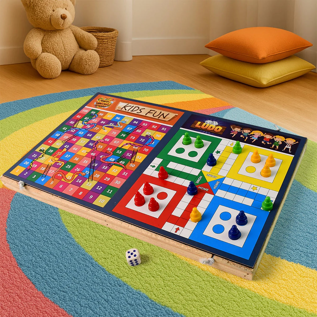 Wooden Board Game Set – Ludo, Snakes & Ladders, and Desktop Football